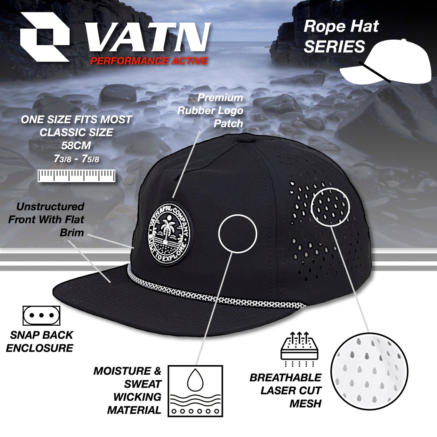 VATN Rope Hat, Performance Water-Resistant Flat Brim Snapback Hat, Unstructured Baseball Cap Men & Women Golf Gym Hike & Surf